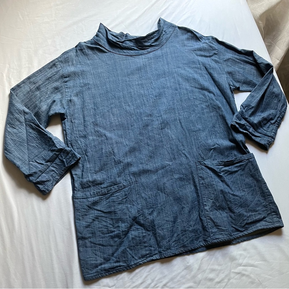 CURATOR SF blue denim cowl mock neck long sleeve boxy shirt top